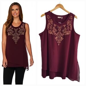 LOGO by Lori Goldstein Burgundy Tank Top with Gold Embroidery